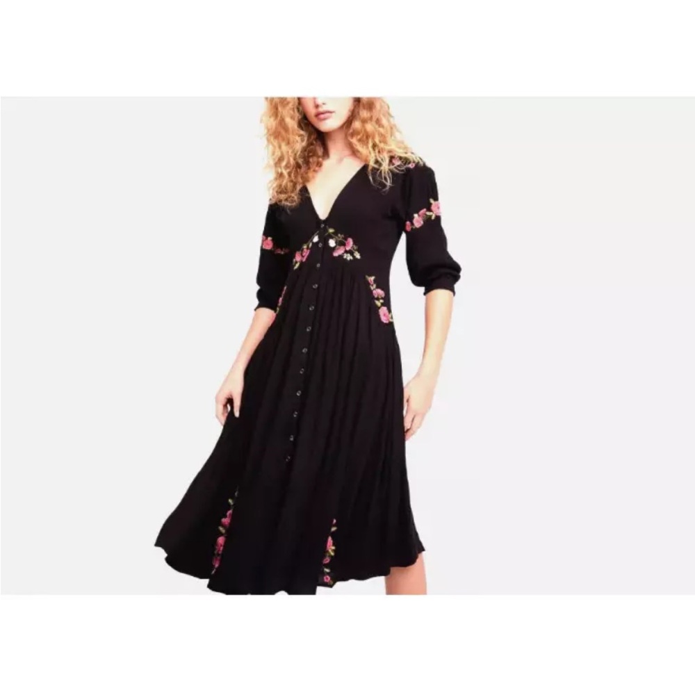 Free People Black Long Sleeve Dress with Pink Floral Accents